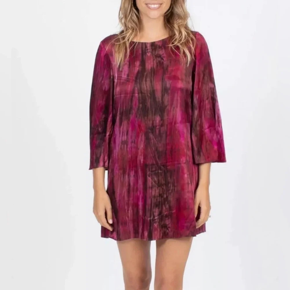 Alice+Olivia Shift Silk Purple Multicolor Mini Dress boat neck 3/4 sleeve SZ M